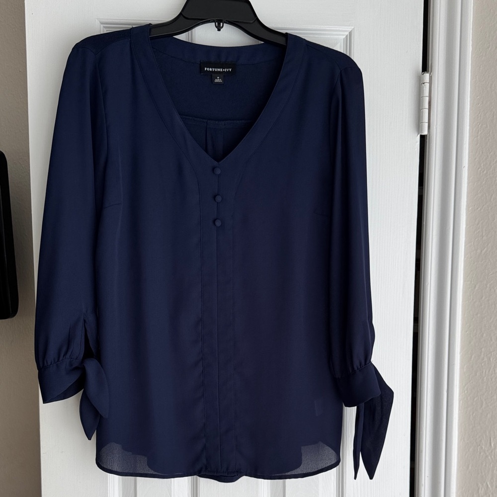 Portmans Navy Tie-Cuff V-Neck Blouse